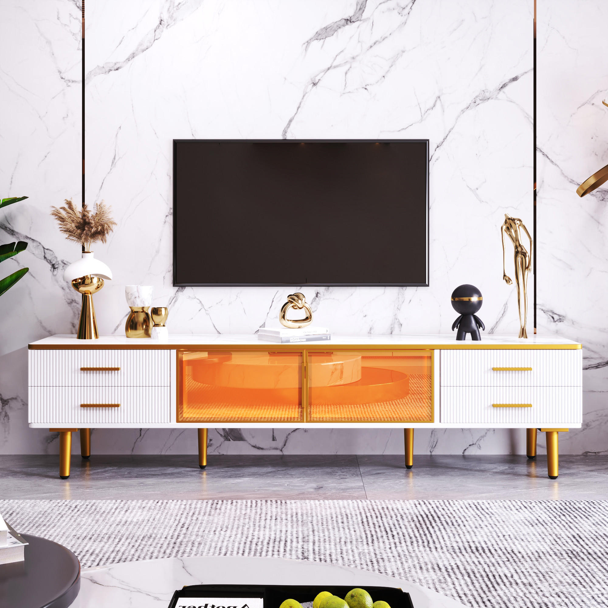 TV-SCHRANK Lowboard 170x37x47 cm Marmoroptik LED - Weiß, Holzwerkstoff (170/47/37cm) - Fortuna Lai