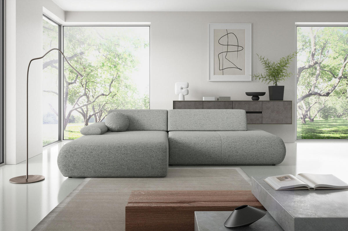 ECKSOFA DELTA L-S Grau Geflochtener Stoff mit Schlaffunktion - Grau, Holz (286/173.5cm) - MASSENO