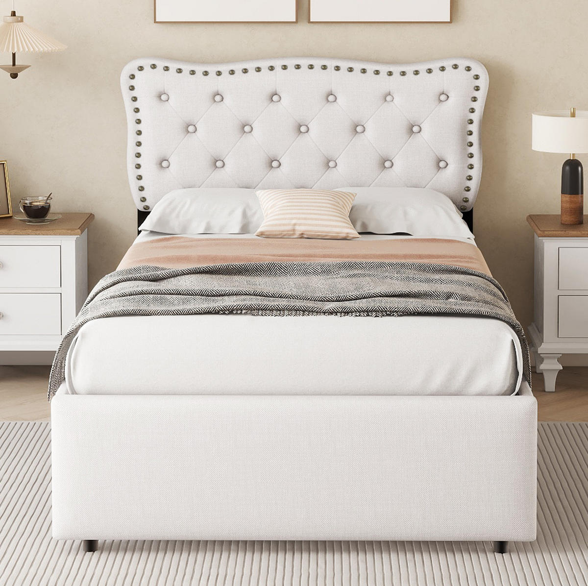 POLSTERBETT 90/200 cm mit 2 Schubladen und gepolstertem Kopfteil, Hellbeige - Beige, Textil (90/200cm) - BEAOK