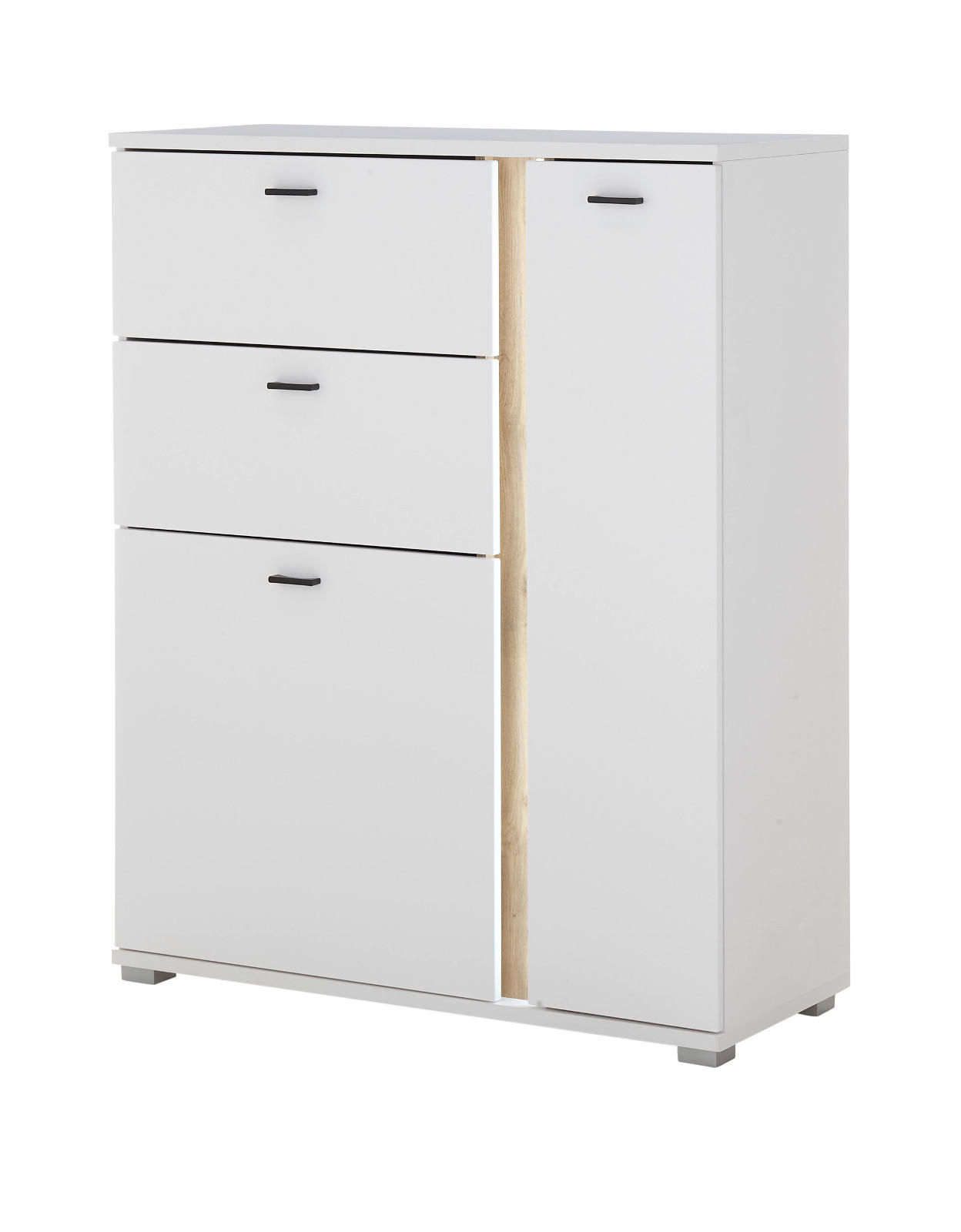 HIGHBOARD weiß matt, Eiche Wotan 100 x 125 cm, Kommode inklusive Frontbeleuchtung - Silberfarben/Eiche Wotan, Holzwerkstoff/Kunststoff (100/125/42cm) - Furn.Design