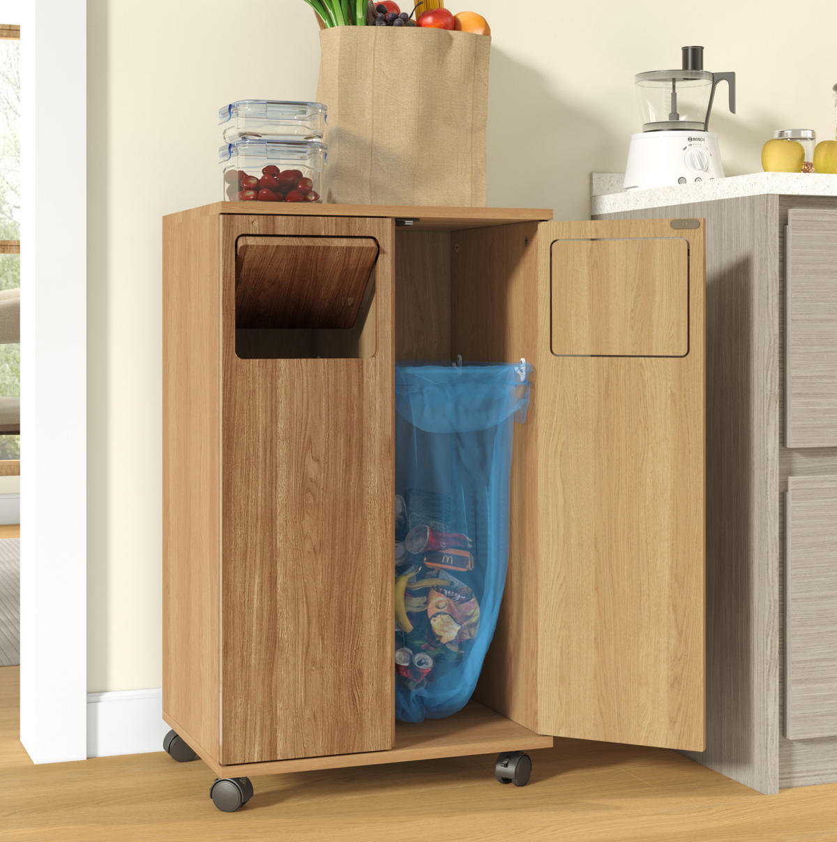 SKRINKA na odpad z MDF 46,7x35x80,3 cm prírodná s 2 priehradkami, kolieskami a 180° dvierkami - prírodná farba, kompozitné drevo (46/80/35cm) - Modfu