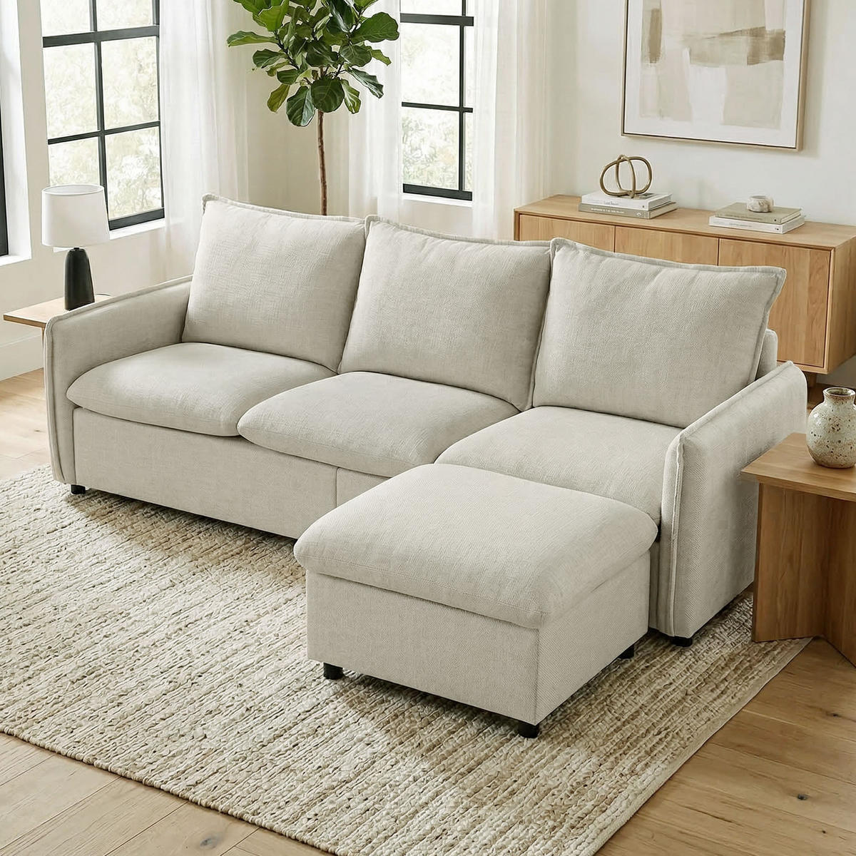 SOFA, 3-Sitzer, Stauraumhocker, Ecksofa, Federkernkissen, Leinen, creme - Multicolor, Holzwerkstoff (212/84/125cm) - FORIOUS