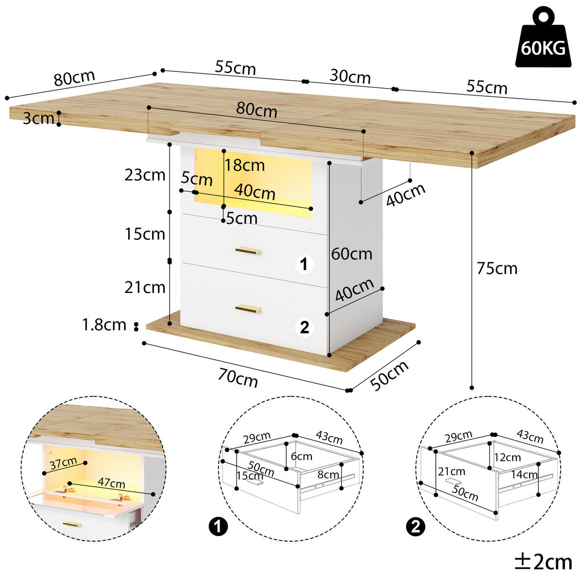 ESSTISCH in Holzoptik Ausziehbarer Küchentisch mit Stauraum und LED, für Küche & Esszimmer - Weiß, Holzwerkstoff (80/110/75cm) - STILVORA