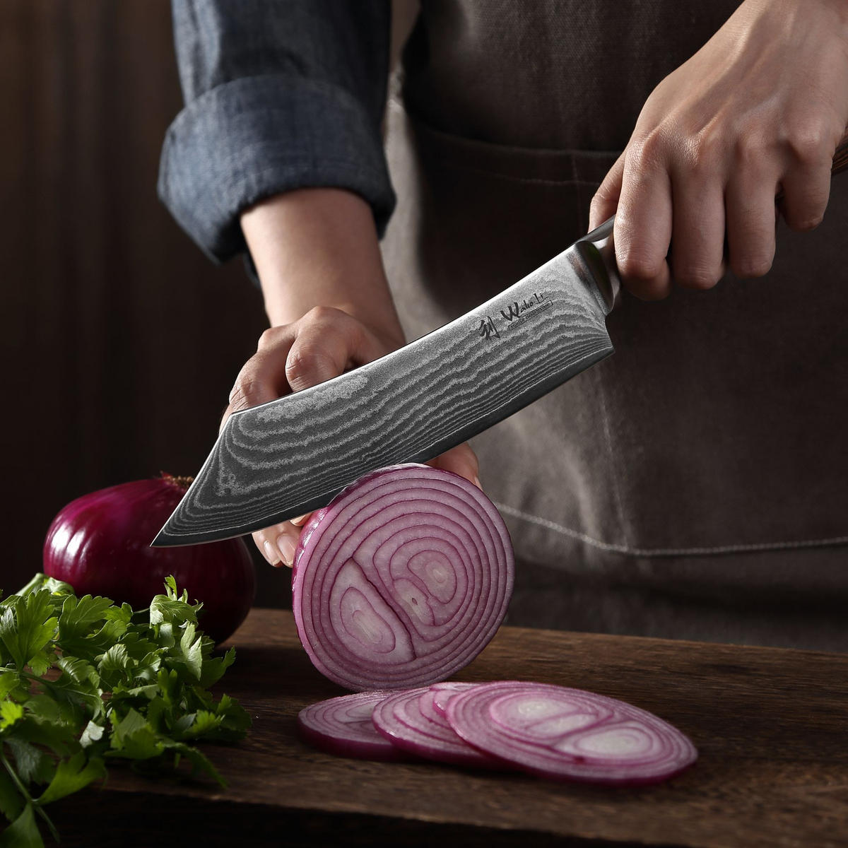 DAMAST BBQ- & Blockmesser I EDIB - Braun, Holz/Metall (30cm) - Wakoli