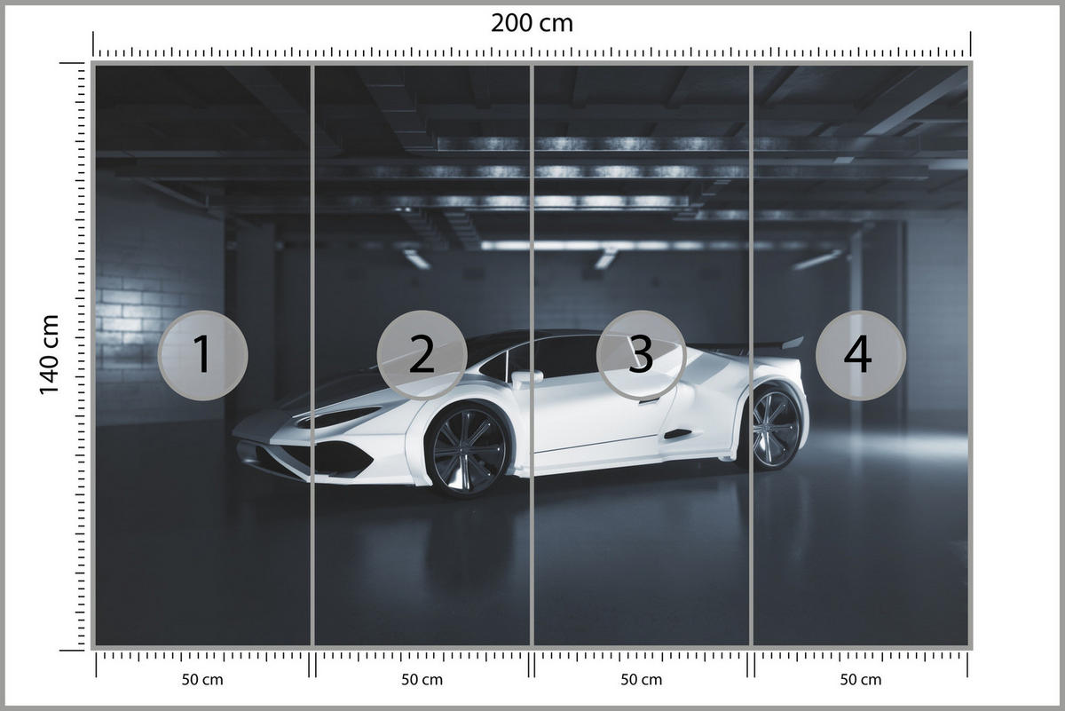 FOTOTAPETE für Jugendzimmer Weißes Sportwagen Untergrundgarage Modern 200x140 - Schwarz/Weiß, Papier (200/140cm) - Muralo