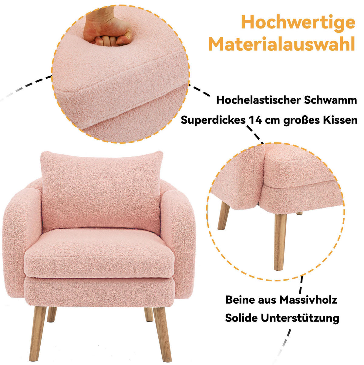 SESSEL Teddy-Samt mit Rückenkissen 71/72/71 cm Rosa - Rosa, Textil (72/71/71cm) - Redom