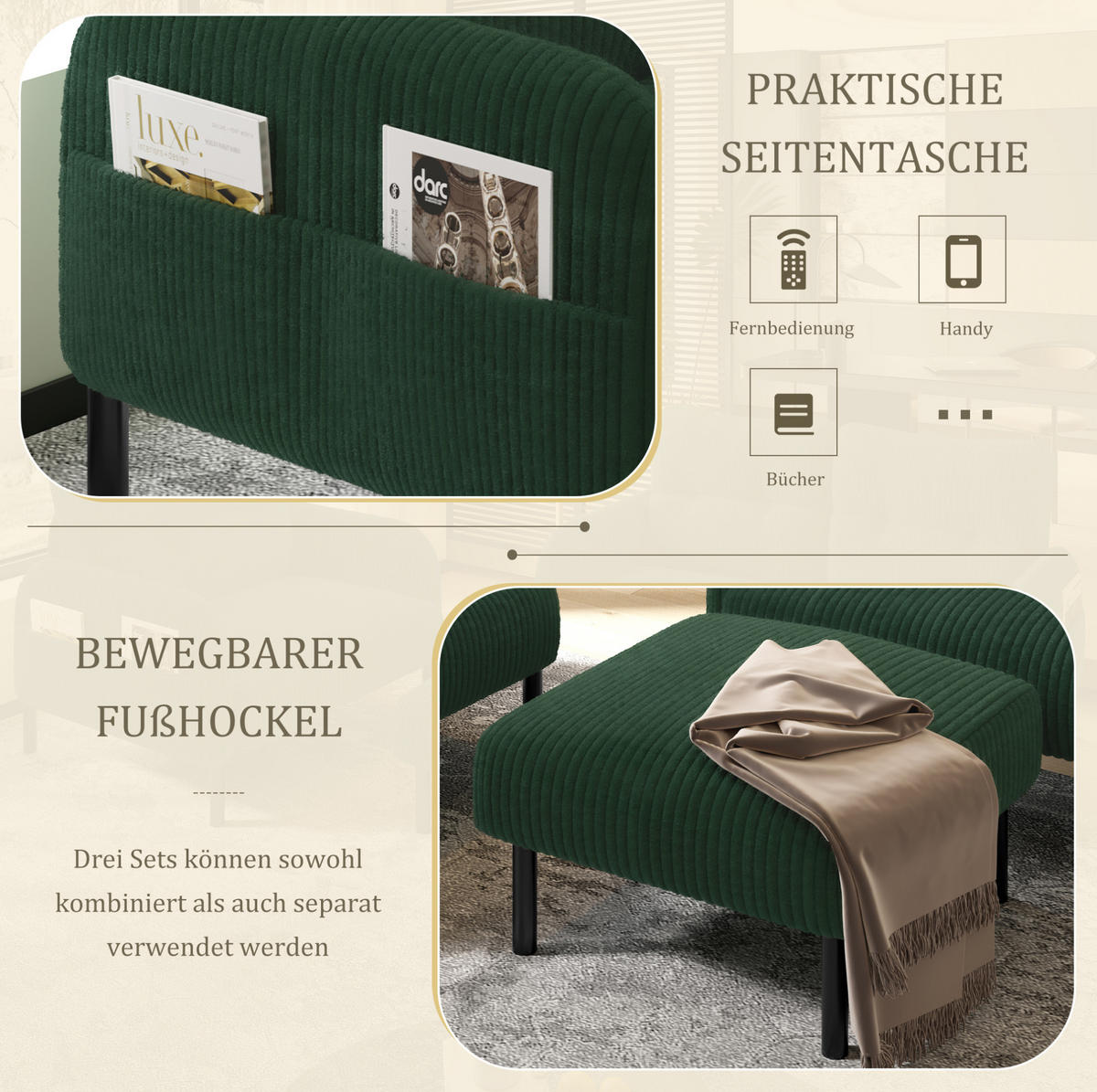 SOFA-SET 3er-Set Cord Emerald mit 2-Sitzer, Sessel und Hocker - Smaragdgrün, Textil (120/79/75cm) - IVMEU