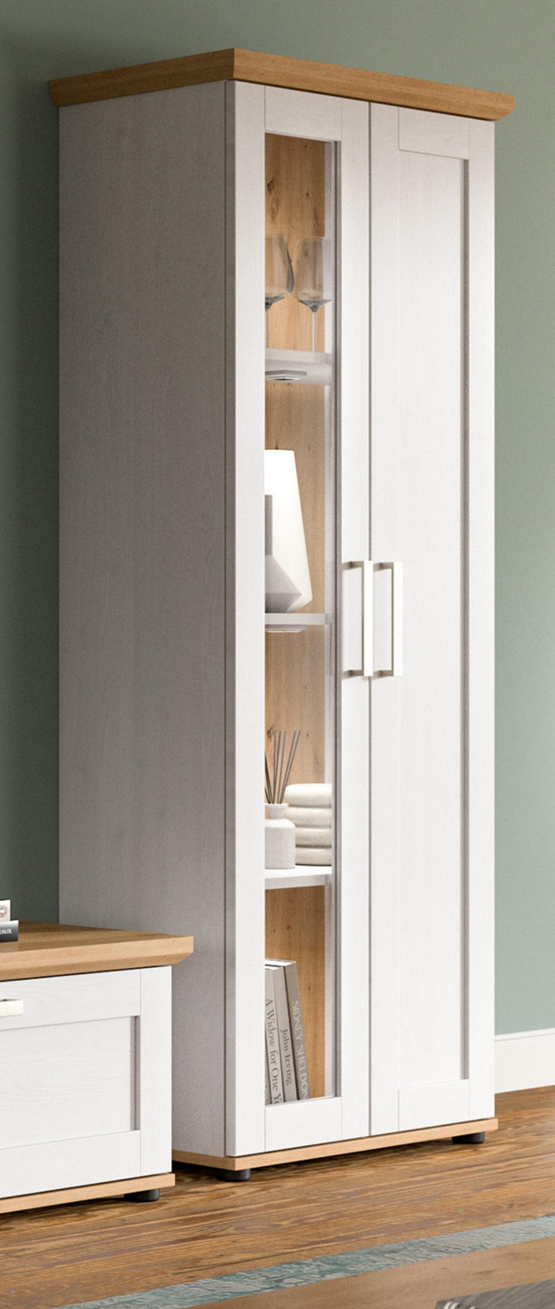 VITRINE weiß Lärche, Eiche Artisan 64 cm, Vitrinenschrank im Landhaus-Stil - Silberfarben/Schwarz, Holzwerkstoff/Kunststoff (64/161/37cm) - Inn.Furn