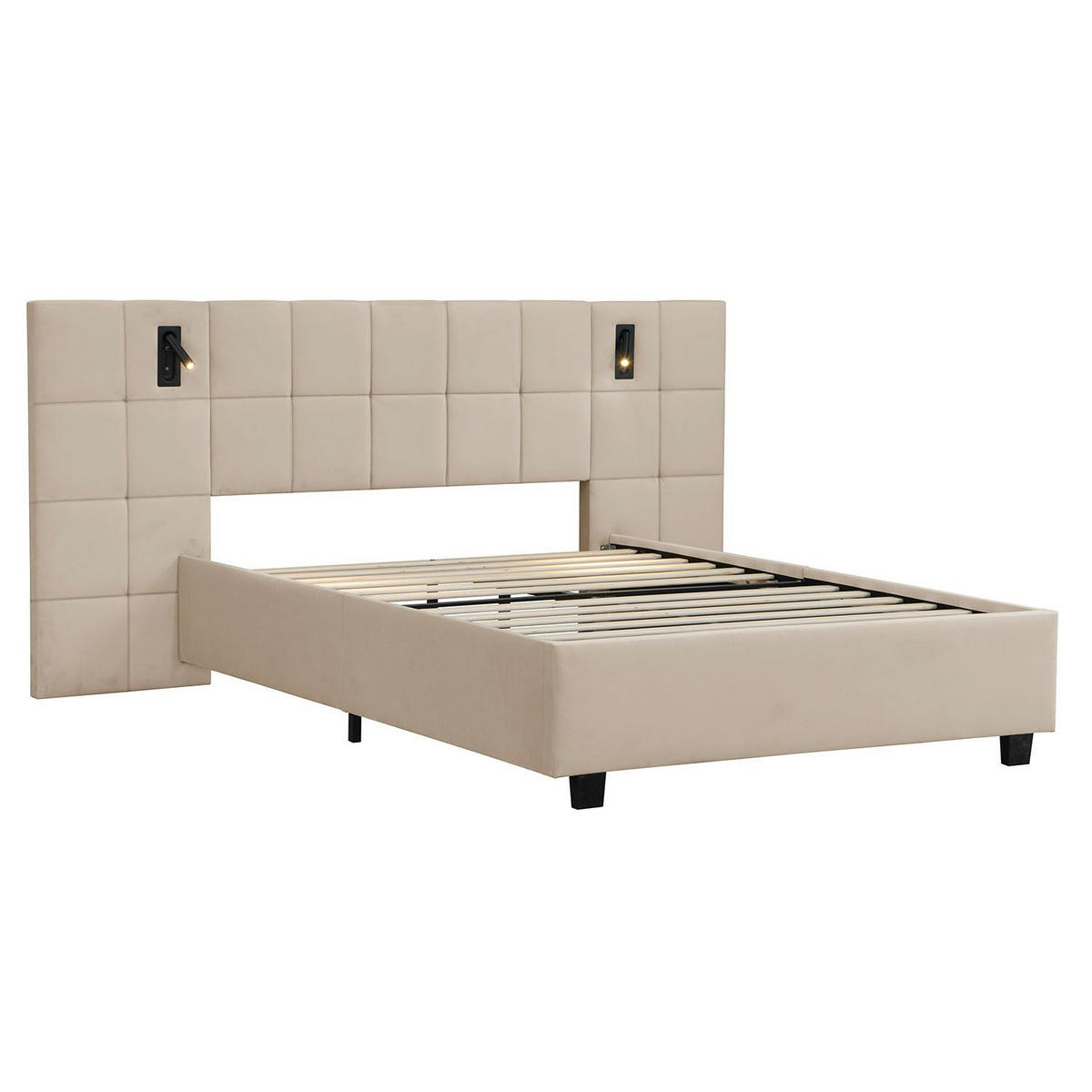 POLSTERBETT Luzano mit Leselicht Beige Samt - Beige, Holz (140/200cm) - Juskys