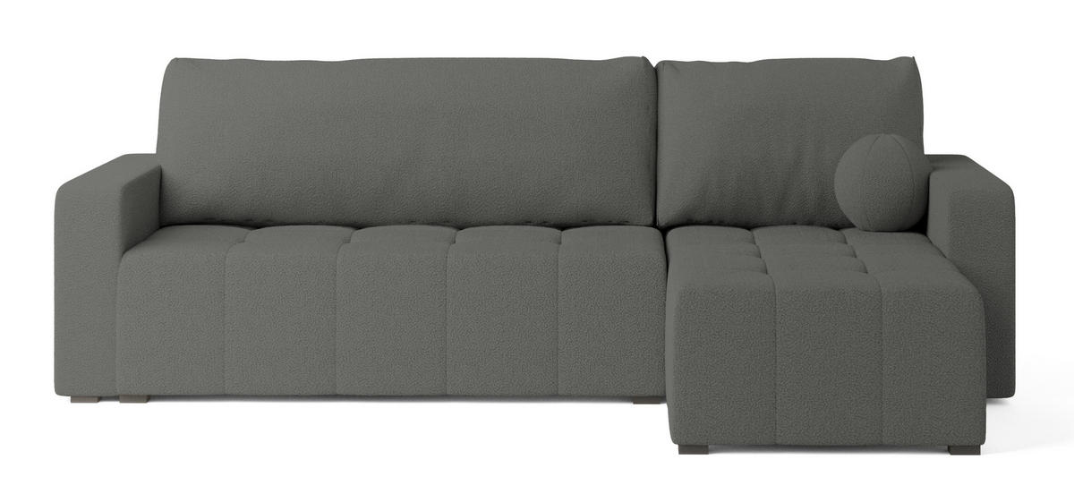 ECKSOFA VOLIRA Grau Boucle-Stoff mit Schlaffunktion - Grau, Holz (230/143cm) - MASSENO