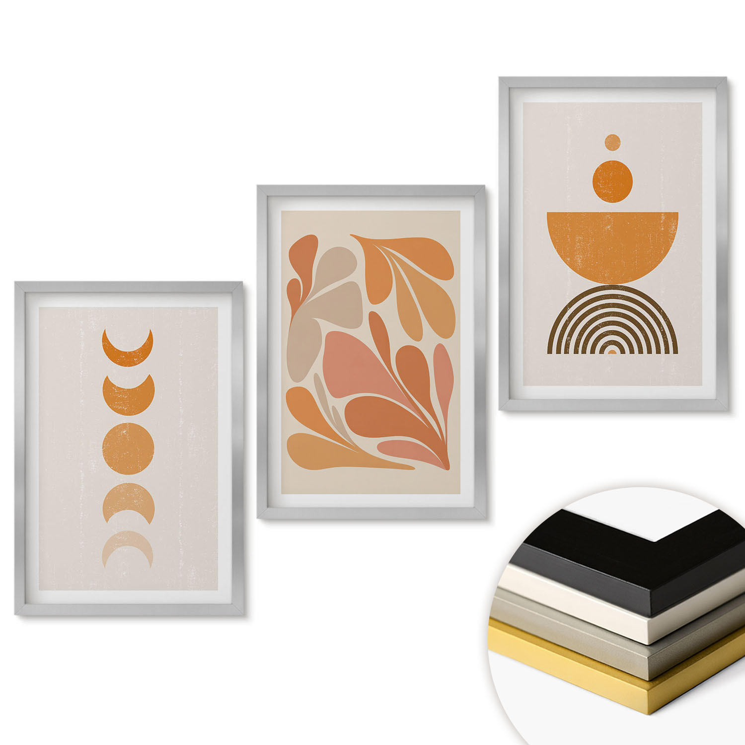 WANDBILDER 3er Set - 40x60 cm Silberner Rahmen - Abstrakte orange Formen - Silberfarben, Kunststoff (40/60cm) - ArtPrintCave