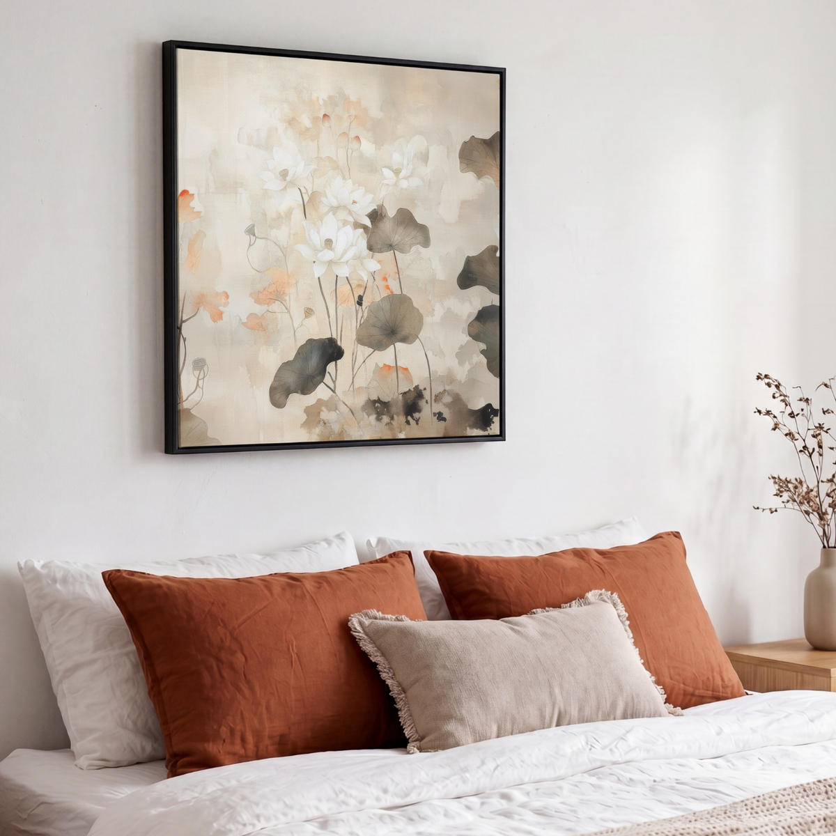 LEINWAND Bilder mit Rahmen - Blumen - Japandi - Wabi sabi - 50x50 - Sandfarben, Textil (50/50cm) - MuchoWow