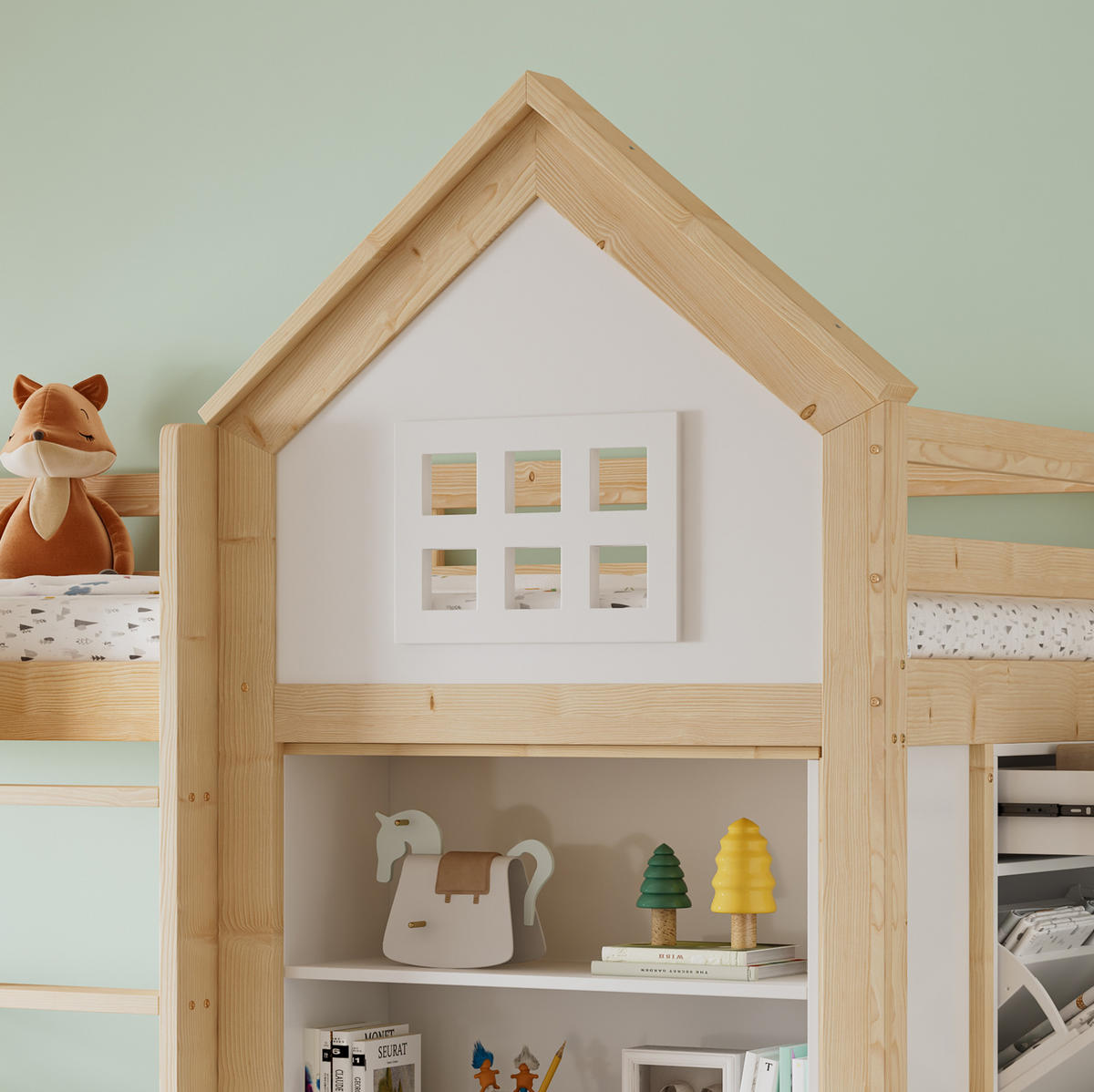 HOCHBETT Hausdesign 90/200 cm Weiß Natur mit Staufächern, Schubladen ohne Matratze - Weiß, Holz (90/200cm) - MIVRAY