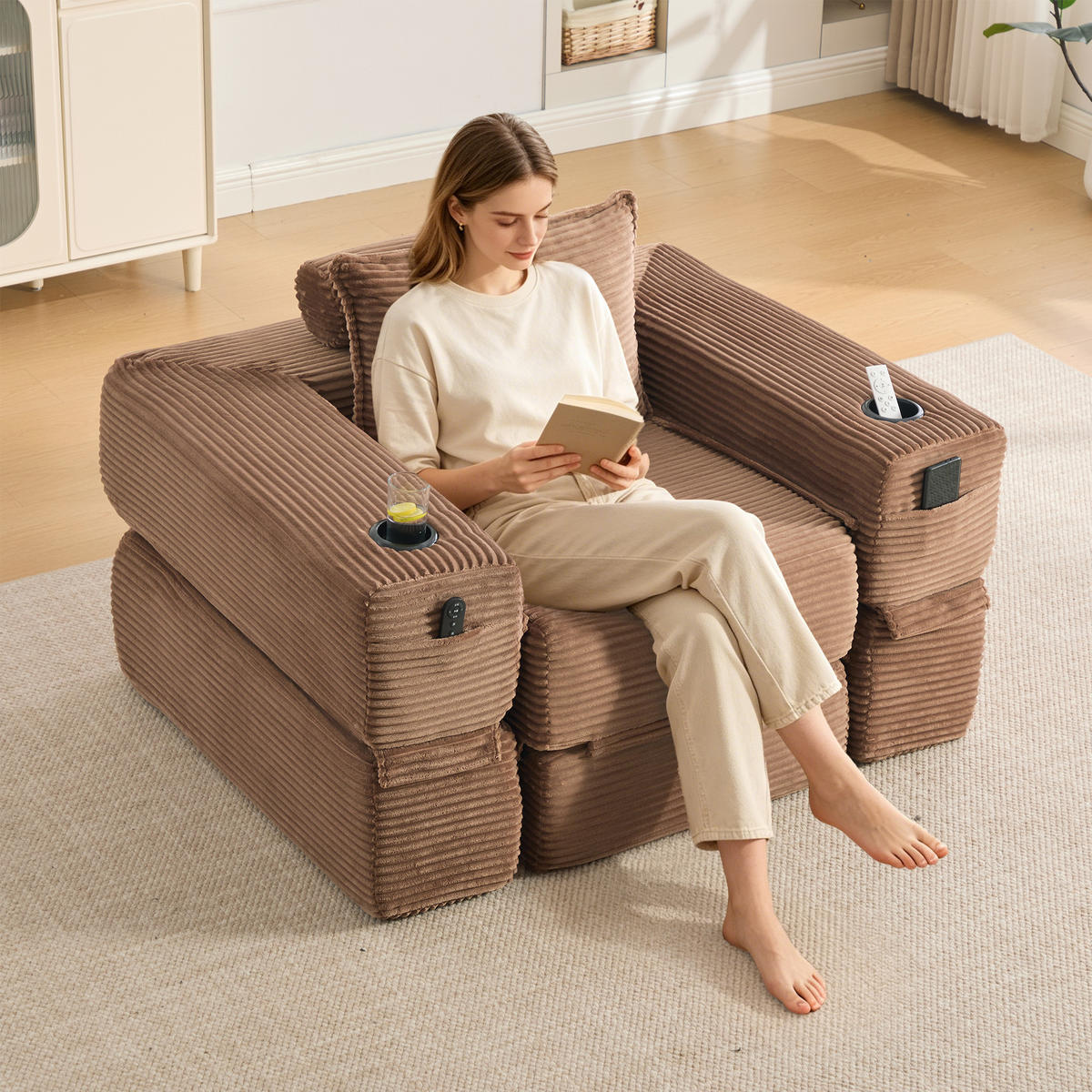 SCHLAFSOFA mit Klappfunktion, Getränkehalter und Seitentasche aus Cord - Braun, Textil (122/80/98cm) - EVRYAE