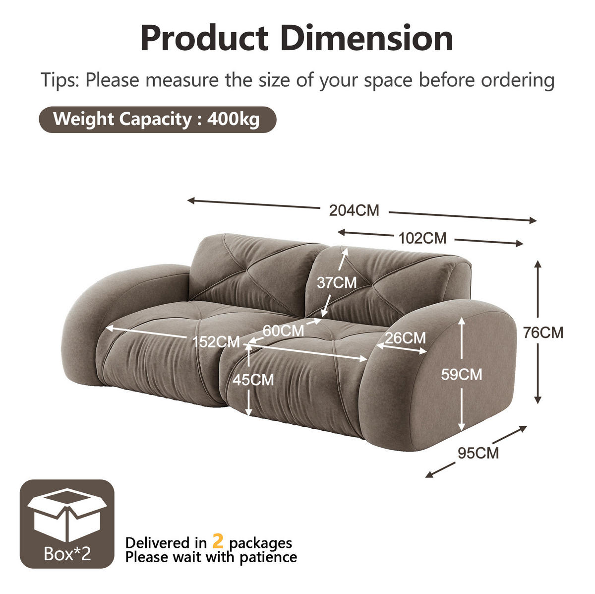 2-SITZER-MODULSOFA rahmenlos mit 32D-Hochdichteschaum, flexible Form und keine Montage, Braun - Braun, Textil (204/76/95cm) - Redom