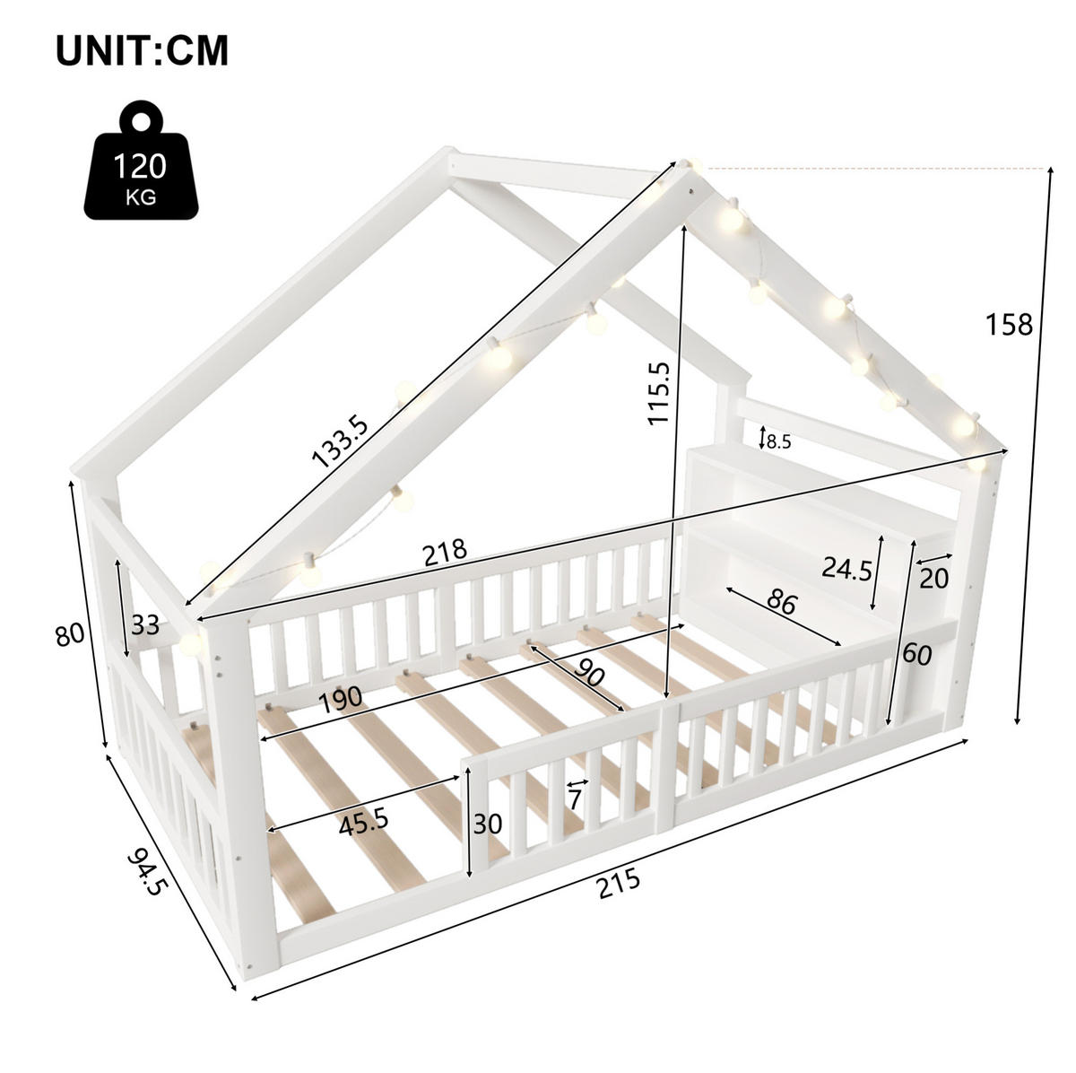 HAUSBETT 90/190 cm Weiß mit Schutzgitter und Regal - Weiß, Holz (90/190cm) - MIVRAY