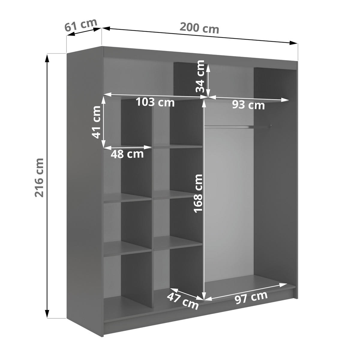 SCHWEBETÜRENSCHRANK 200 - DUBROWNIK - Grau mit Spiegel - Alufarben/Grau, Holzwerkstoff/Metall (200/216/61cm) - MKS