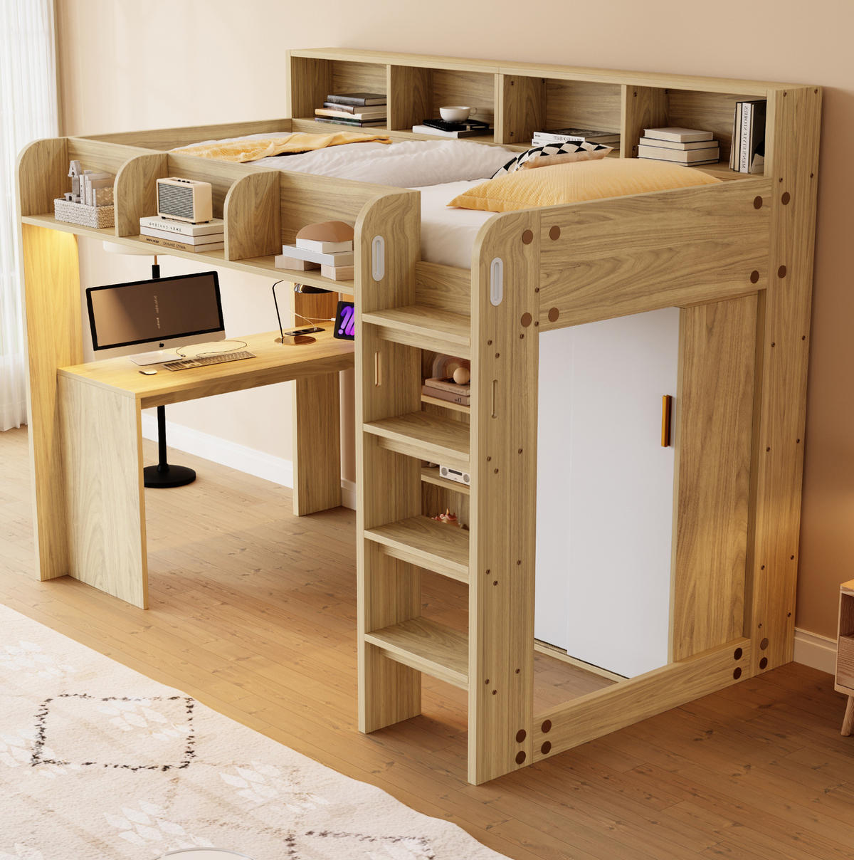 HOCHBETT 90/200 cm mit Schreibtisch, Kleiderschrank, Stauraum, LED-Beleuchtung und Steckdose, Holzfarbe - Naturfarben, Holzwerkstoff (90/200cm) - Redom