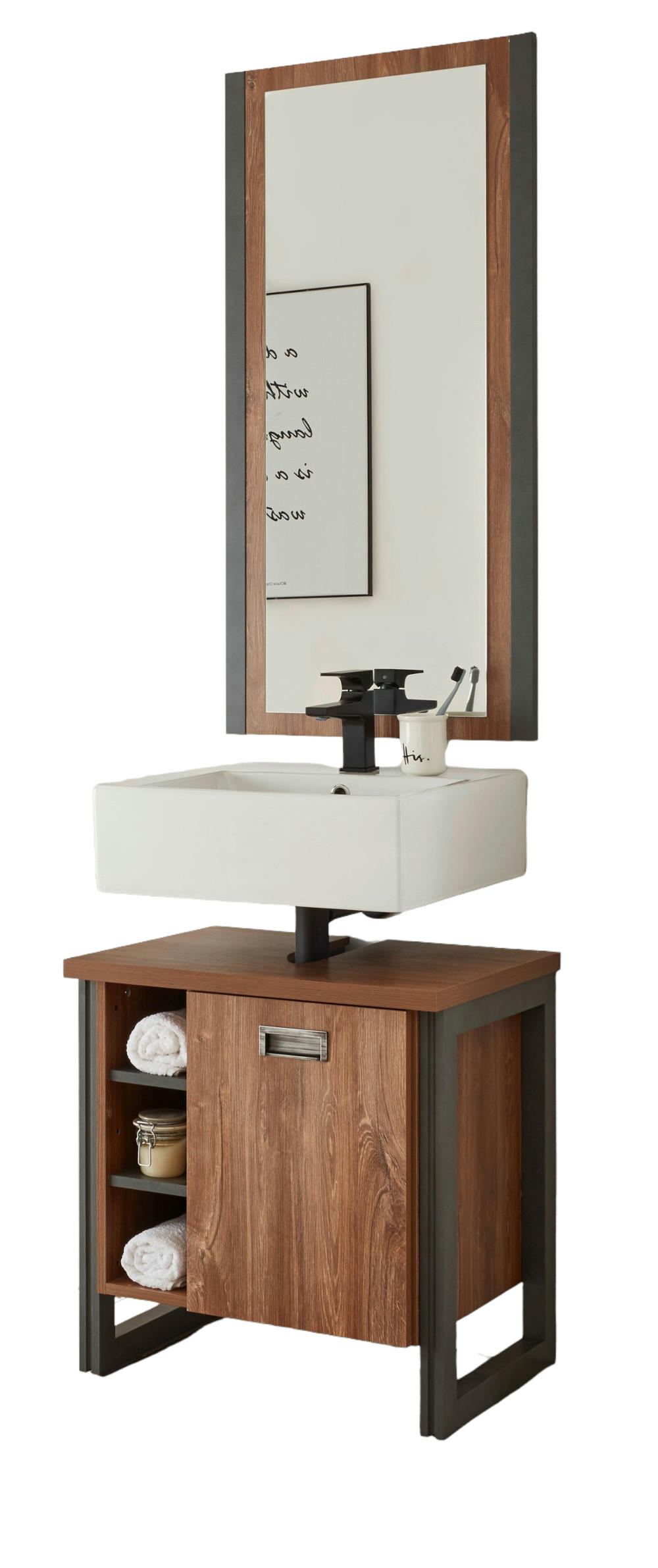 BADMÖBEL-SET 2-teilig Eiche Stirling, Matera grau, Badkombination Waschbeckenunterschrank, Spiegel 61 x 205 cm - Eichefarben/Grau, Holzwerkstoff (61/205/40cm)