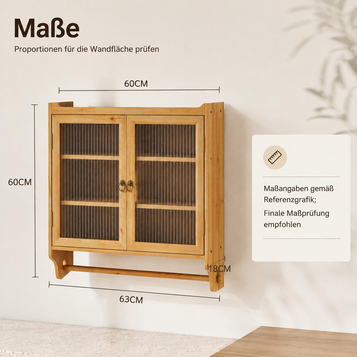KÜCHENOBERSCHRANK 63/18/60 cm aus Massivholz und MDF mit geriffeltem Glas und Handtuchhalter Natur - Naturfarben, Holzwerkstoff (63/60/18cm) - Modenvie