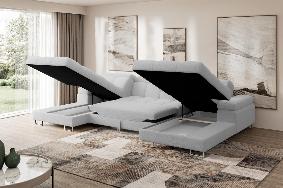 WOHNLANDSCHAFT mit Schlaffunktion und Bettkasten COMA U2 345x203x79 Hellgrau Bouclé - Edelstahlfarben, Holzwerkstoff/Textil (345/79/203cm) - ALTDECOR