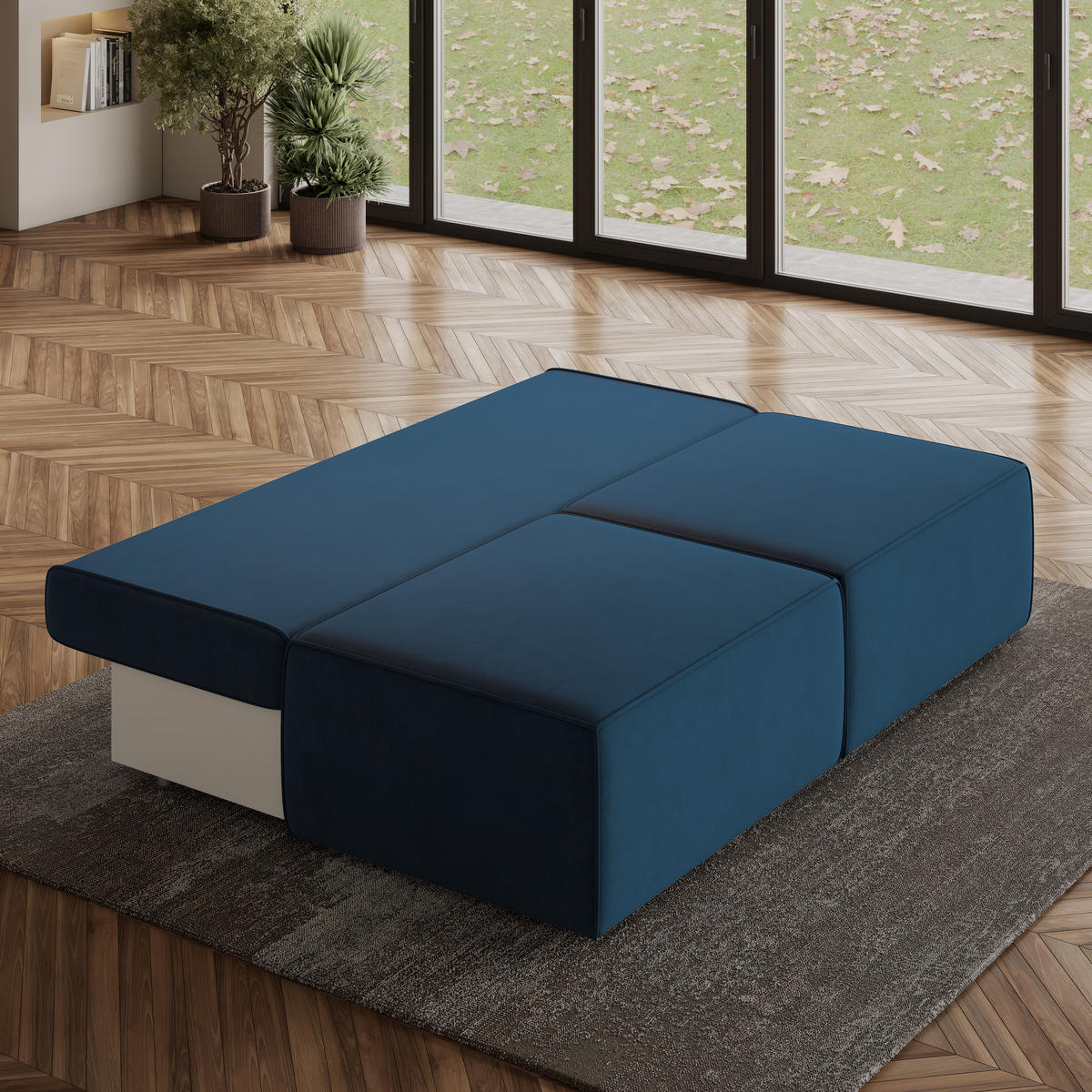 ECKSOFA VARNA M Blau Velours-Stoff mit Schlaffunktion - Blau, Holz (196/158cm) - MASSENO