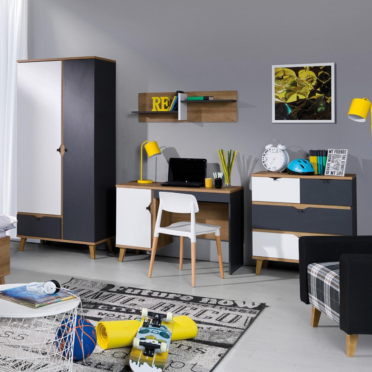 JUGENDBETT Moreno mit Bettkasten 90×200, Eiche gold/mattweiß/graphit - Eichefarben/Graphitfarben, Holzwerkstoff/Kunststoff - Beautysofa