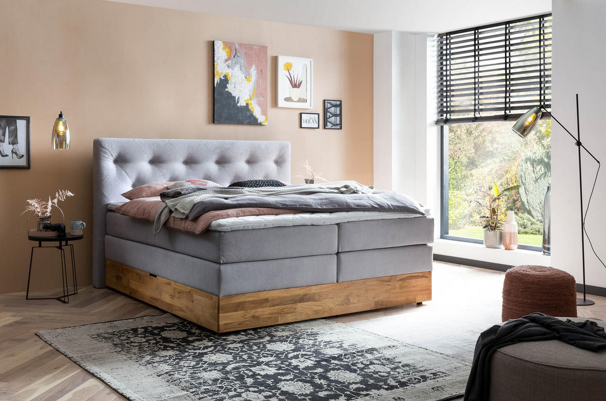BOXSPRINGBETT MARBO 180x200 Hellgrau H2 und H3 mit Bettkasten 7-Zonen Taschenfederkern Matratze inkl. Visco Topper und Eiche - Hellgrau, Textil (180/200cm) - Belanoti