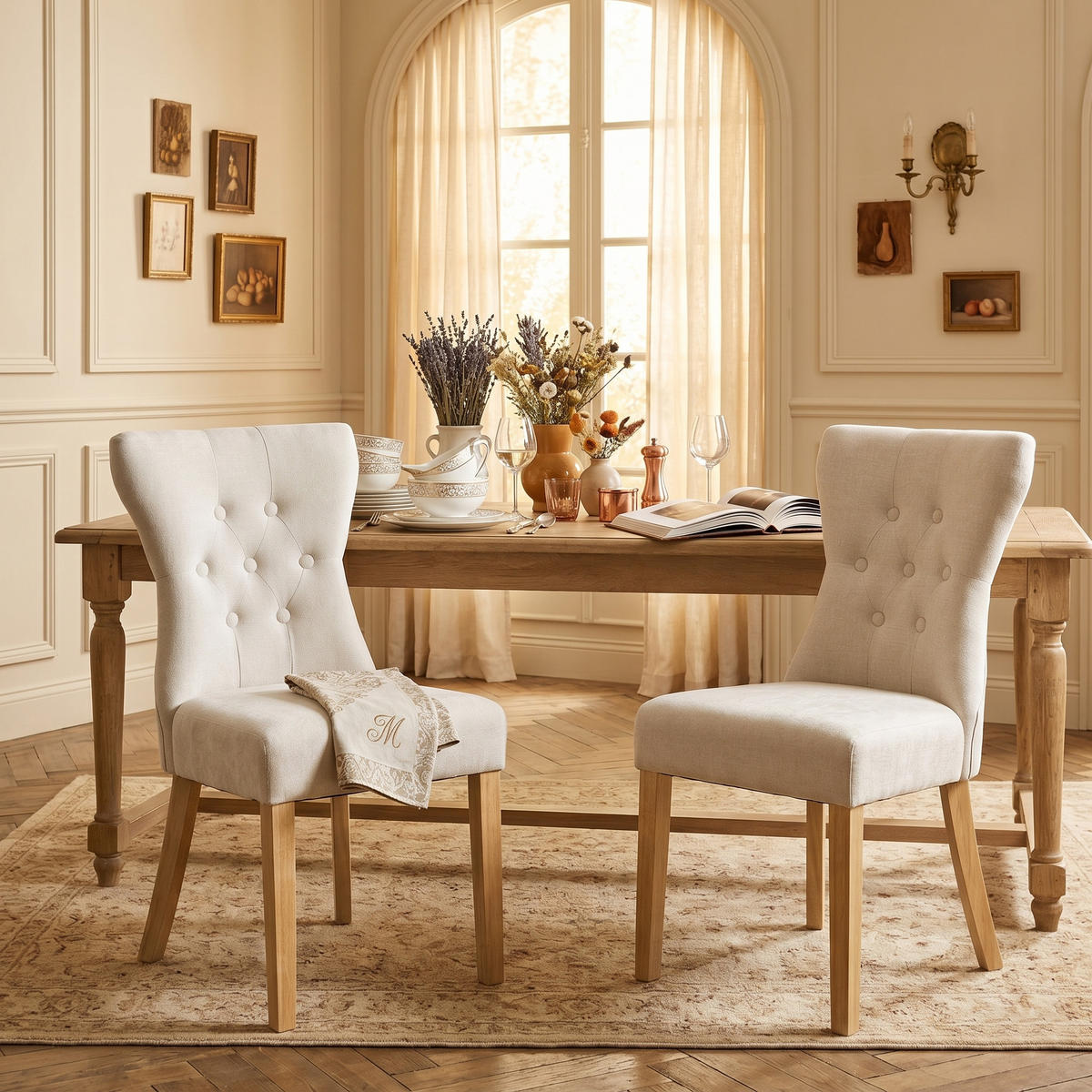 MATSTOLAR 2-pack i Chenille och Massivt Trä, med nitdekor och resårkärna - Beige, Textil (62.5/92/45cm) - Urban Meuble