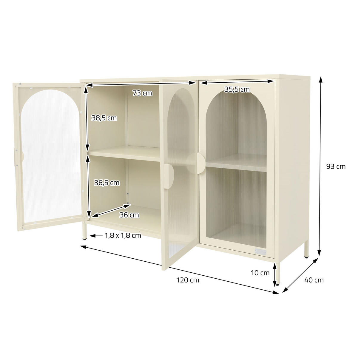 VITRINENSCHRANK aus Stahl 120x93x40 cm Creme mit 3 Türen - Creme, Metall (120/93/40cm) - ML-DESIGN