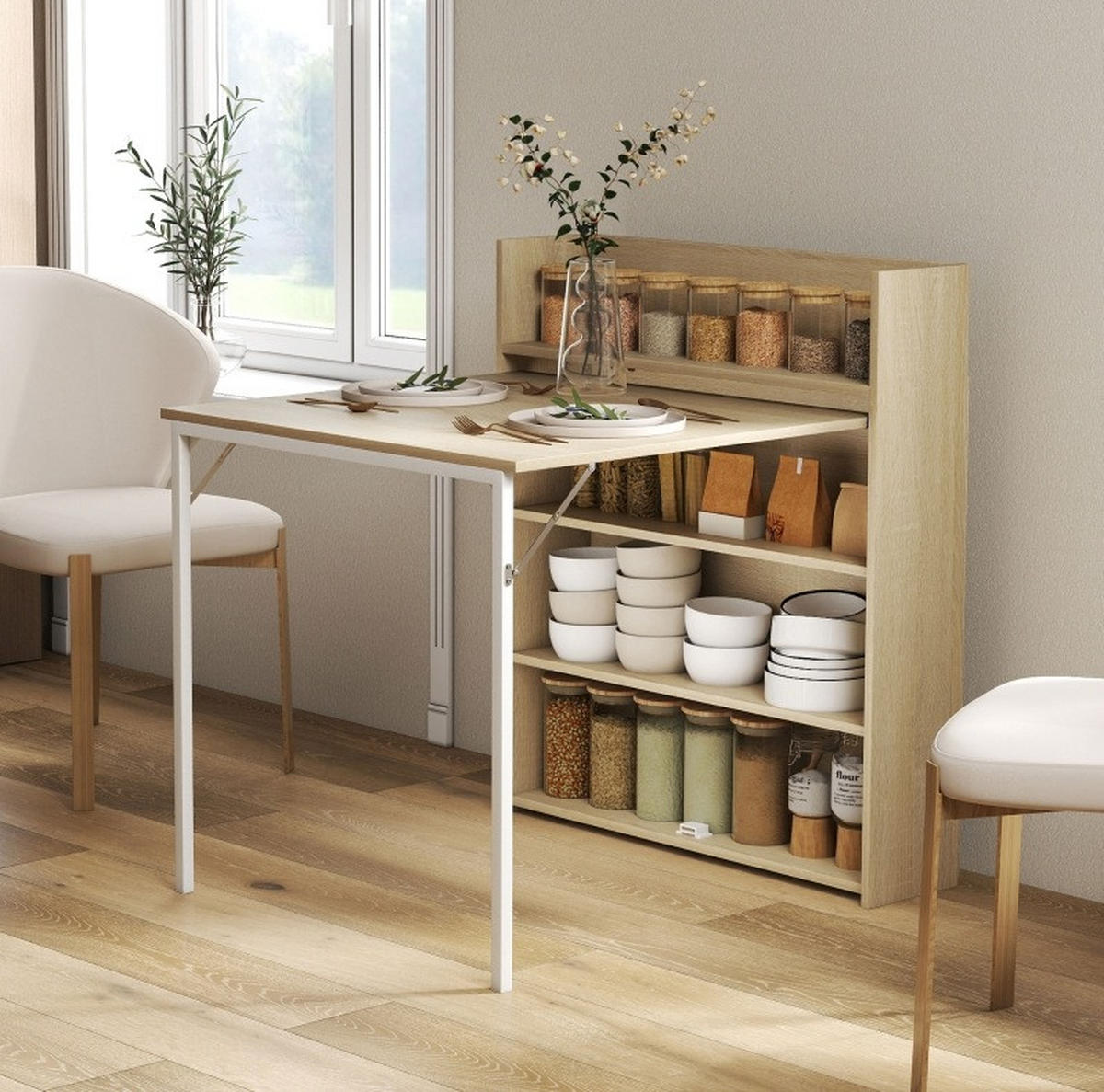 ESSTISCH 78,5/91/93 cm eiche klappbar mit 3 Regalen aus Holz und Stahl - Eichefarben, Holz (91/78.5/93cm) - OKWISH