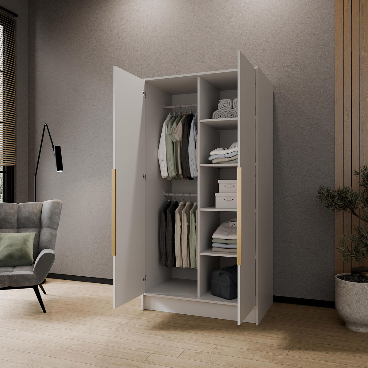 DREHTÜRENSCHRANK Laro mit Spiegel, Weiß mit mit goldenen Griffen, 100 cm - Weiß, Holzwerkstoff (100/200/51cm) - Beautysofa