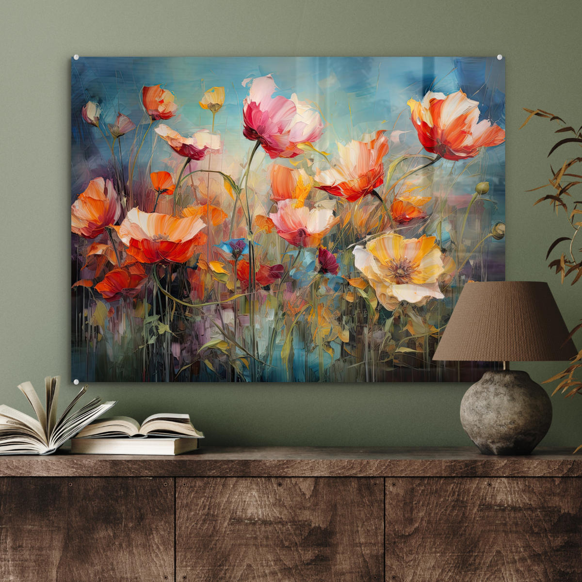 ACRYLGLASBILD Blumen - Aquarell - Kunst - Botanisch - Natur 80x60 cm - Orange, Glas (80/60cm) - MuchoWow