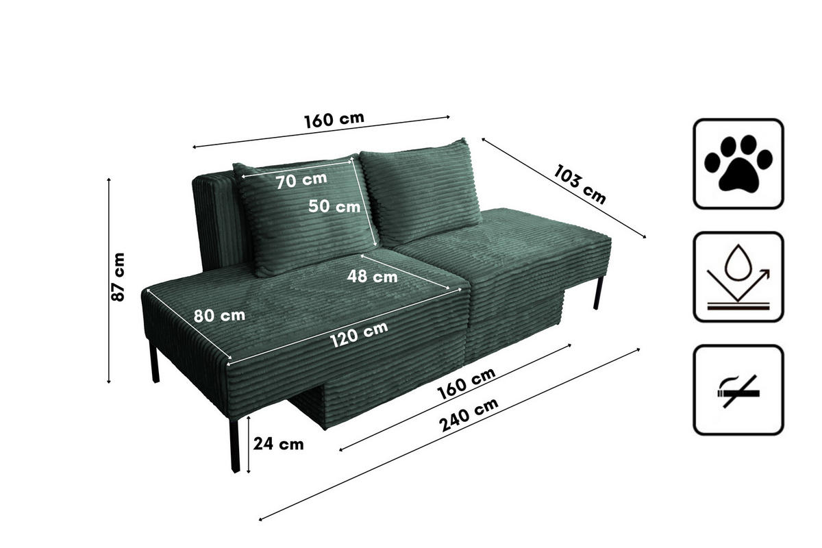SOFA Mit Schlaffunktion MOOKA 4in1-Multifunktions-System Stoff Velo Grün - Grün, Holz/Textil (240/87/103cm) - Kaiser Möbel