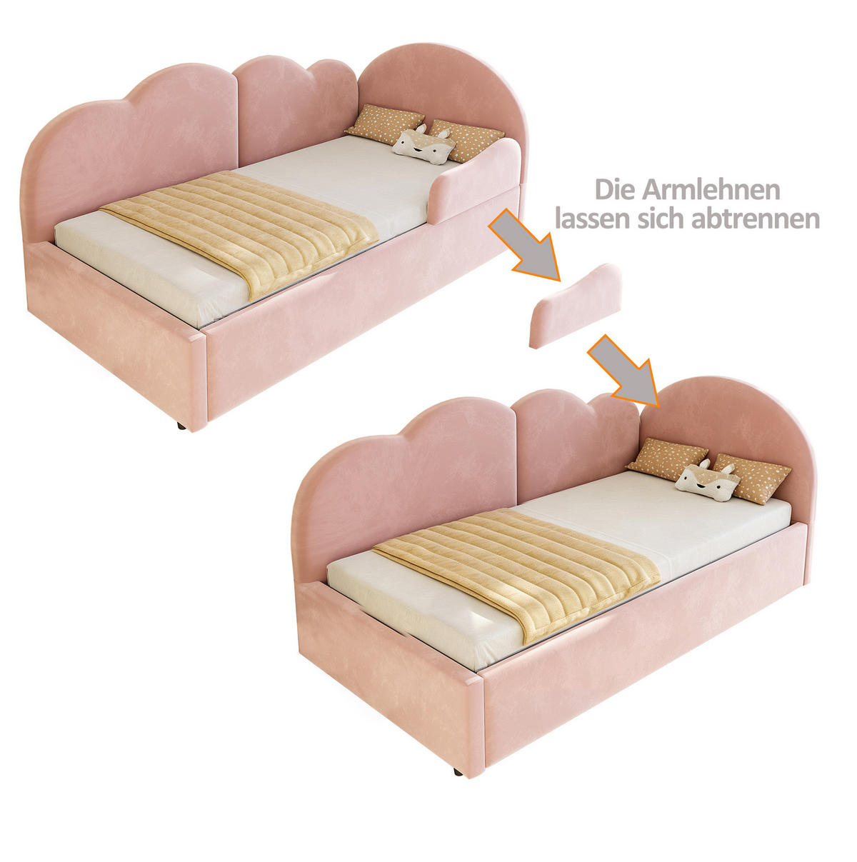 POLSTERBETT 90/200 cm aus Samt mit Wolken-Kopfteil, Pink - Pink, Textil (90/200cm) - OKMYHOME