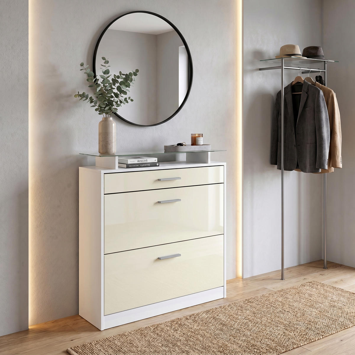 SCHUHSCHRANK Loret Front in Creme Hochglanz - Creme, Holzwerkstoff (89/104/23cm) - Vladon