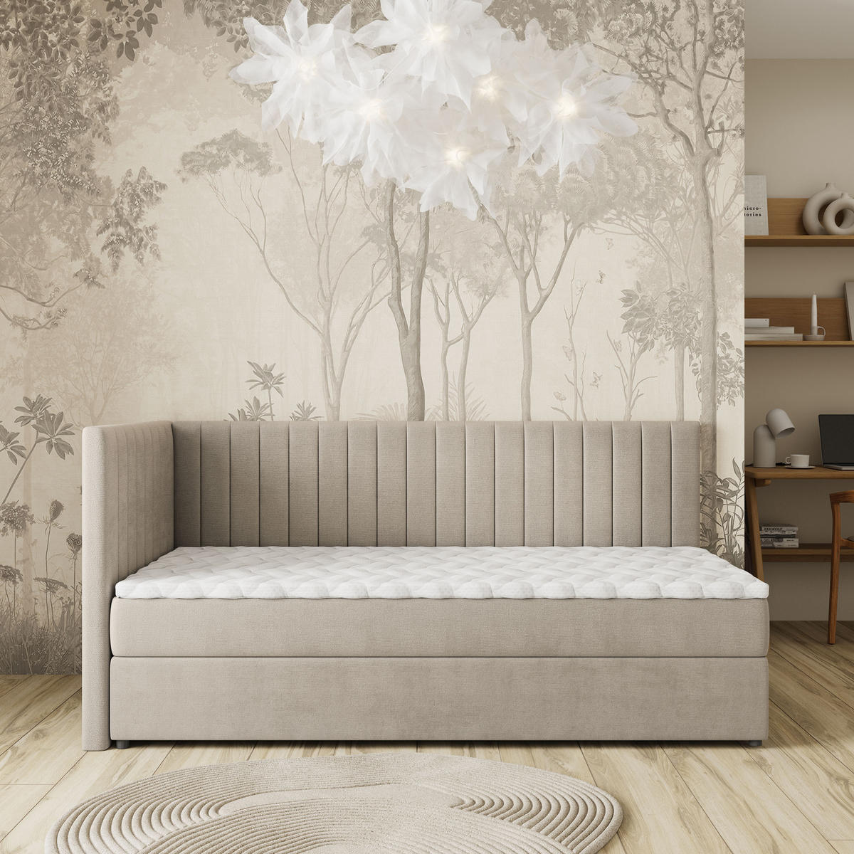 BOXBETT ARIS 90x200 cm mit Matratze und Topper, H2+H3 - Beige - Beige, Holz (90/200cm) - MASSENO