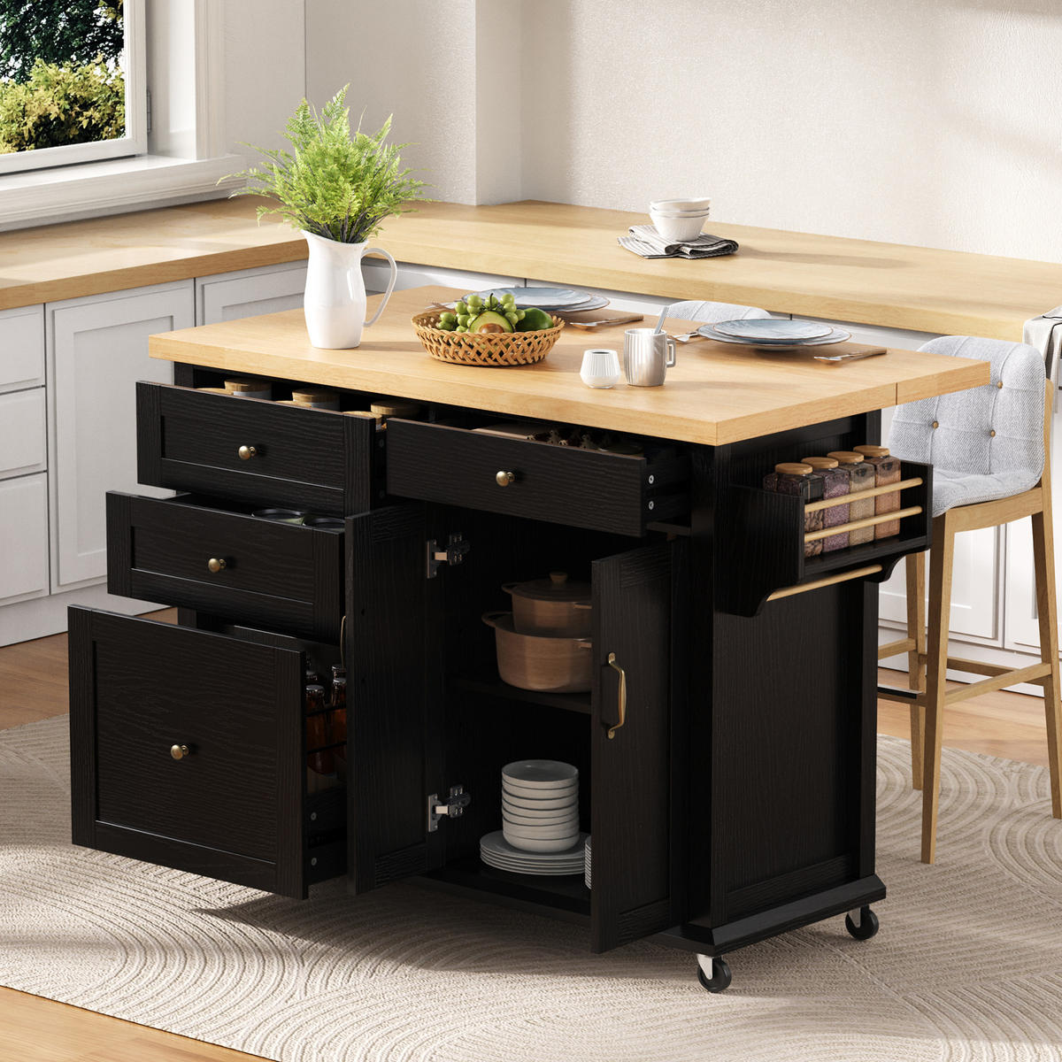 KÜCHENINSEL mit Ausziehplatte 107 x 45-70 x 90,5 cm Schwarz/Natur - Schwarz, Holz (45/90.5/107cm) - Beauniv