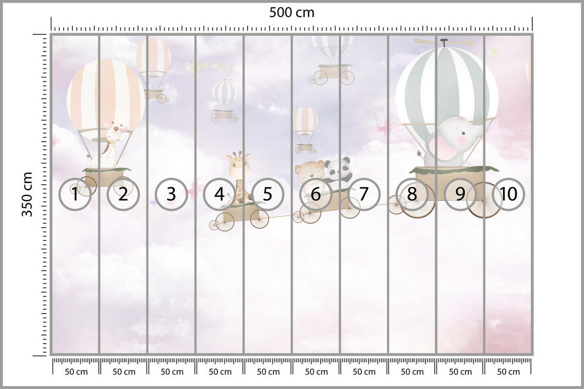 FOTOTAPETE für Kinderzimmer Tiere Wolken Luftballons 500x350 - Beige/Violett, Papier (500/350cm) - Muralo