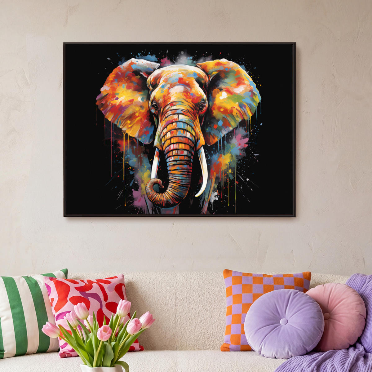 LEINWAND Bilder mit Rahmen - Elefant - Graffiti - Schwarz - Tiere - Farben - 100x70 - Schwarz, Textil (100/70cm) - MuchoWow