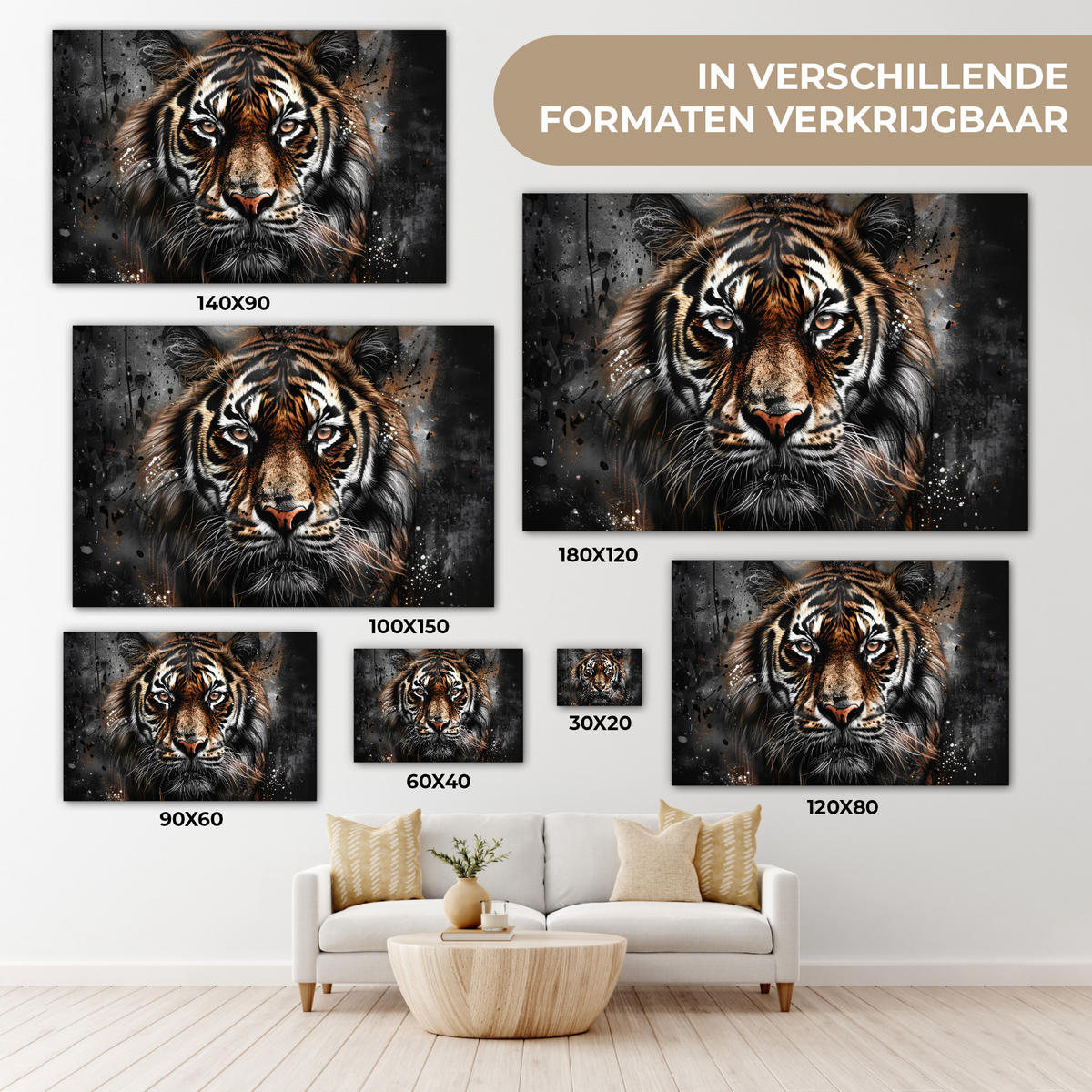 LEINWANDBILD Tiger - Tiere - Porträt - Luxus - Schwarz Groß 140x90 cm - Anthrazit, Textil (140/90cm) - MuchoWow