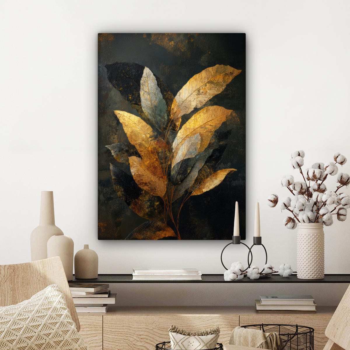 LEINWANDBILD Golden Leaf Komposition - Botanical Luxury Wandbild Wohnzimmer 60x80 cm - Goldfarben/Schwarz, Textil (60/80cm) - MuchoWow