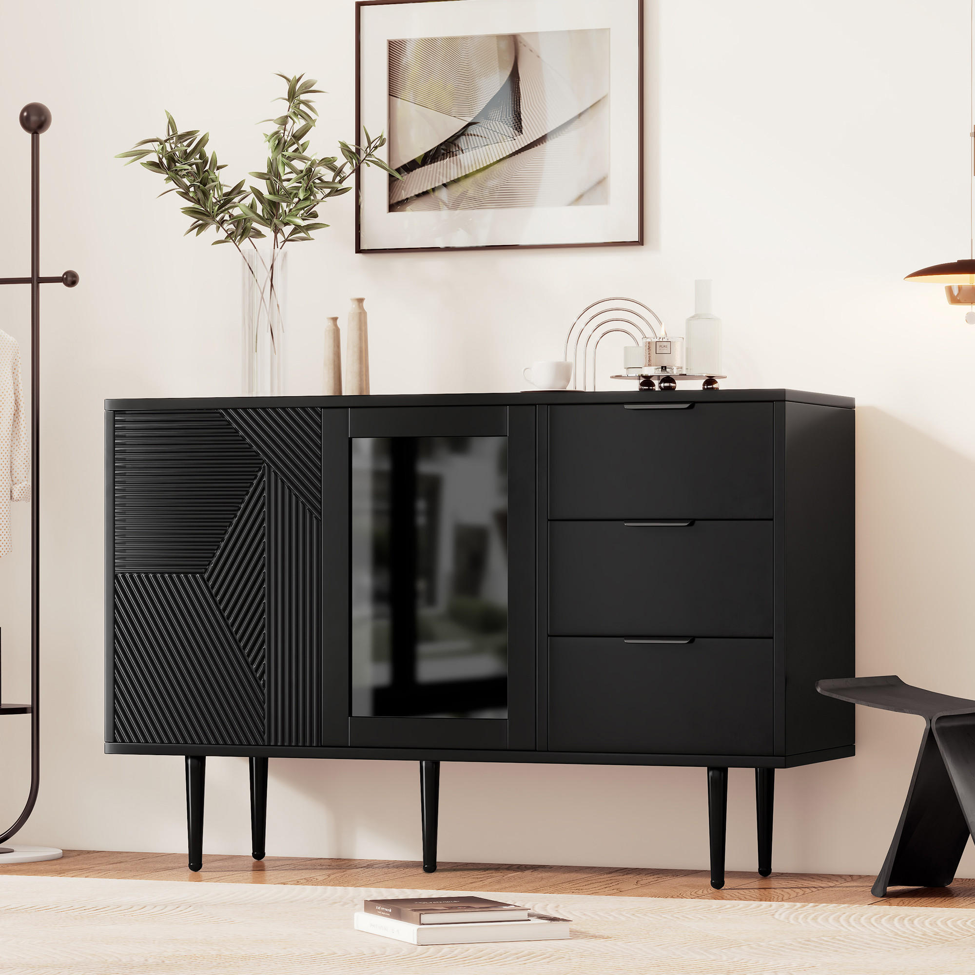 KOMMODE mit 3 Schubladen und 2 Türen Black 120/38/79.5 cm - Schwarz, Holz (38/79.5/120cm) - Urban Meuble