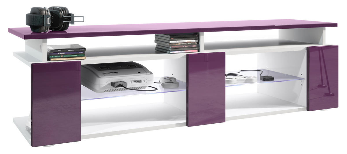 LOWBOARD Movie Fronten und obere Platte des Aufsatzes in Brombeer Hochglanz - Brombeere, Holzwerkstoff (138.5/39/39cm) - Vladon