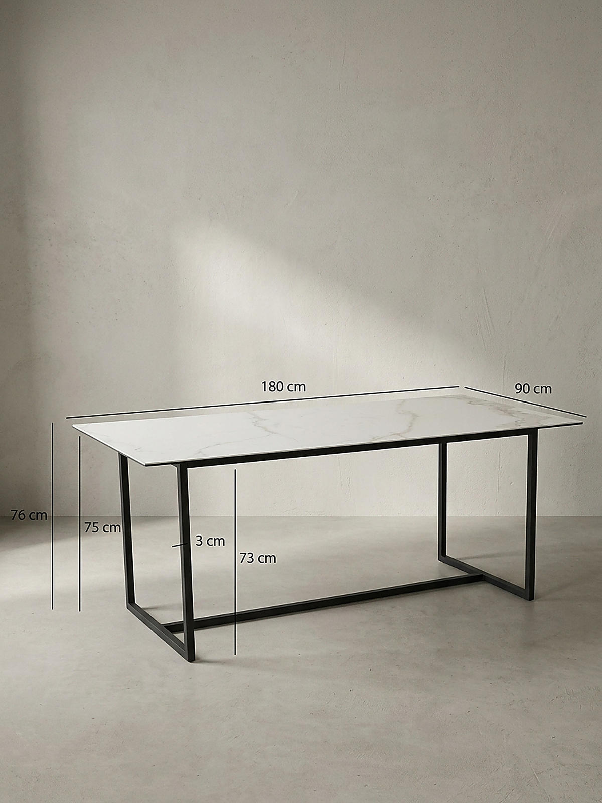 ESSTISCH Glas Keramik Marmoroptik Designer 180x90 ARCTIC, Weiß-Schwarz 180x90x76 cm - Schwarz/Weiß, Glas/Metall (90/180/76cm) - KADIMA DESIGN