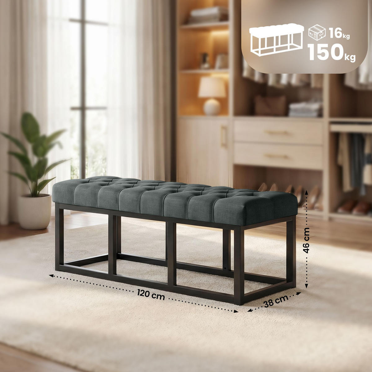 SITZBANK 120/38 cm Stoff Dunkelgrau - Dunkelgrau/Schwarz, Textil/Metall (120/46/38cm) - CLP