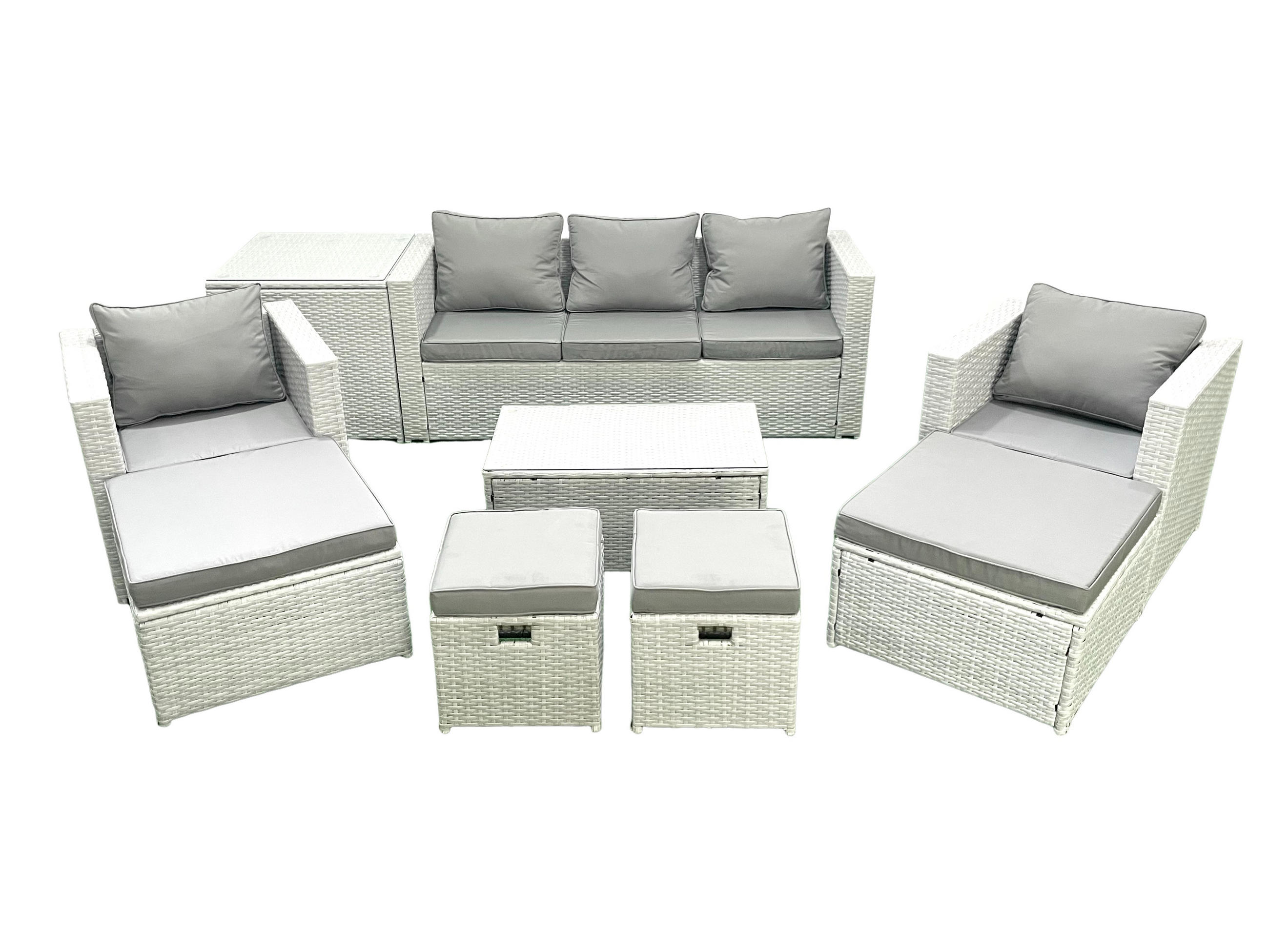 GARTENSET mit 3-SITZER SOFA,COUCHTISCH Polyrattan Hellgrau-Mix 9-Sitzer - Hellgrau/Grau, Glas/Kunststoff - Fimous