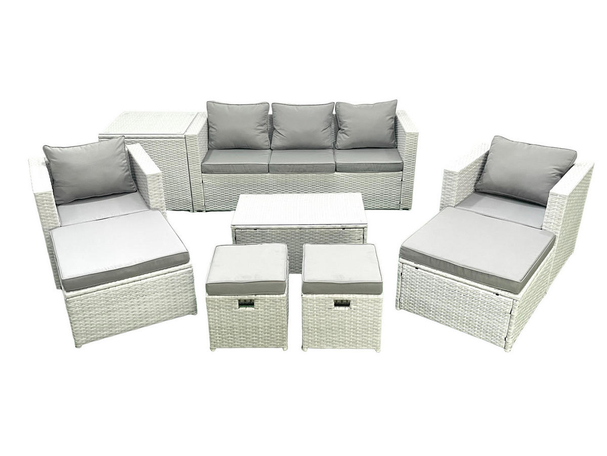 GARTENSET mit 3-SITZER SOFA,COUCHTISCH Polyrattan Hellgrau-Mix 9-Sitzer - Hellgrau/Grau, Glas/Kunststoff - Fimous