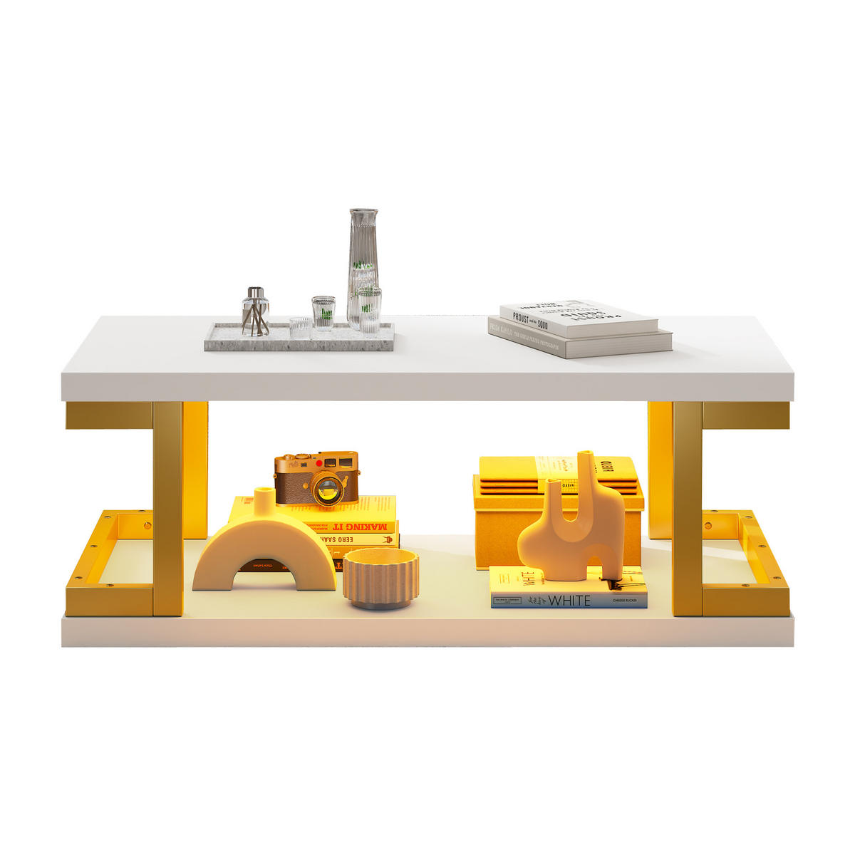 COUCHTISCH DE-37139 mit LED und U-förmigen Metallbeinen Weiß/Gold - Goldfarben/Weiß, Holzwerkstoff (100/50/37.5cm) - ComfortXL