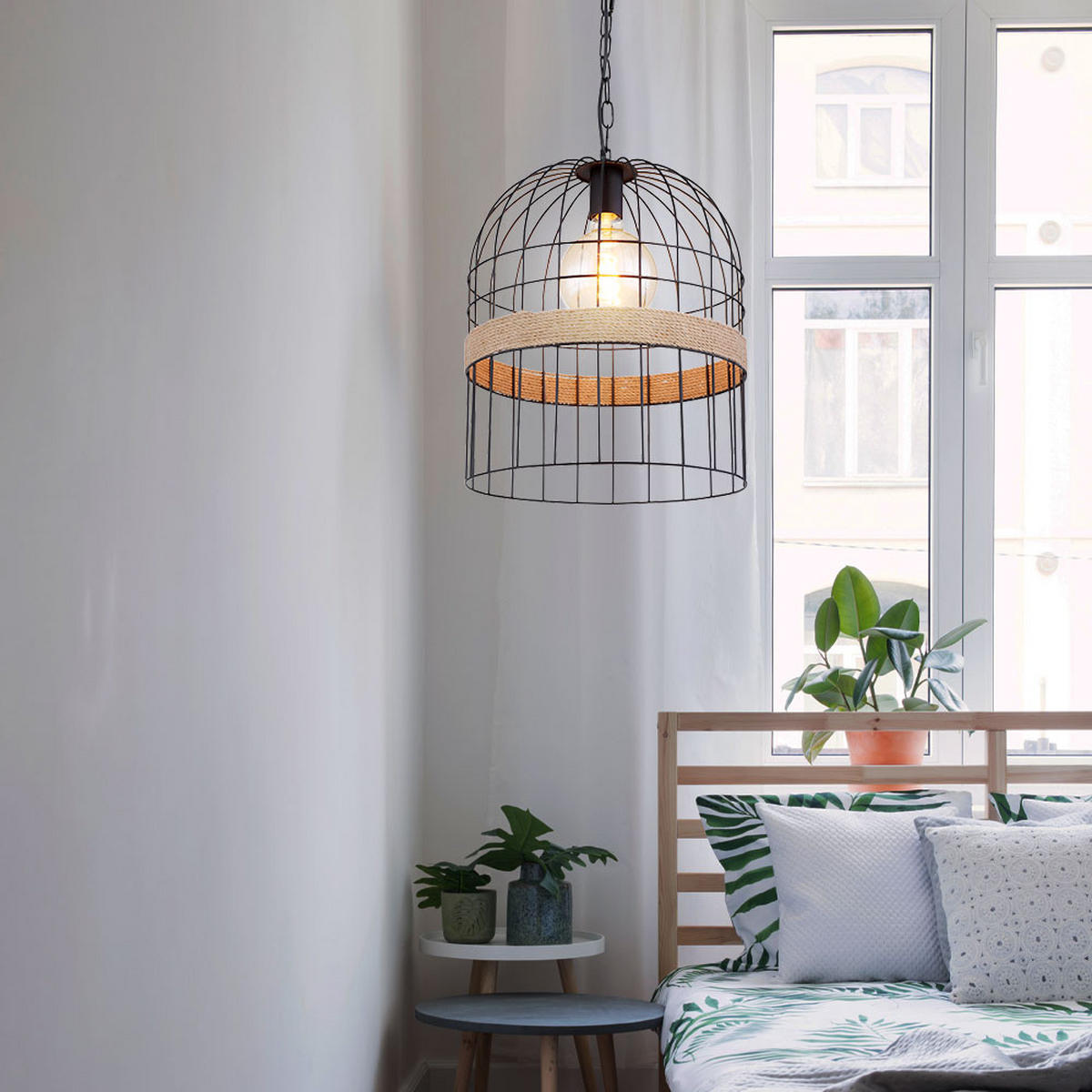 LED HÄNGELAMPE HALIA Schwarz Hanfseil - Schwarz, Metall (35/35/140cm) - Globo Lighting